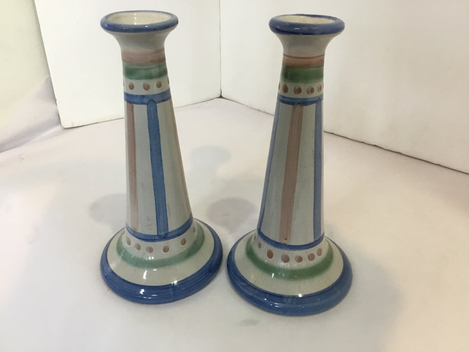 M.A. Hadley Gray/Blue Ceramic Pair Candlesticks