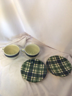 Eddie Bauer Set of 4 Blue/Green Ceramic Plate & Bowl