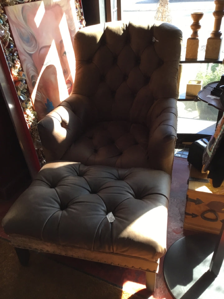 Arhaus Tufted Leather w/Ottoman Club Brown Chair