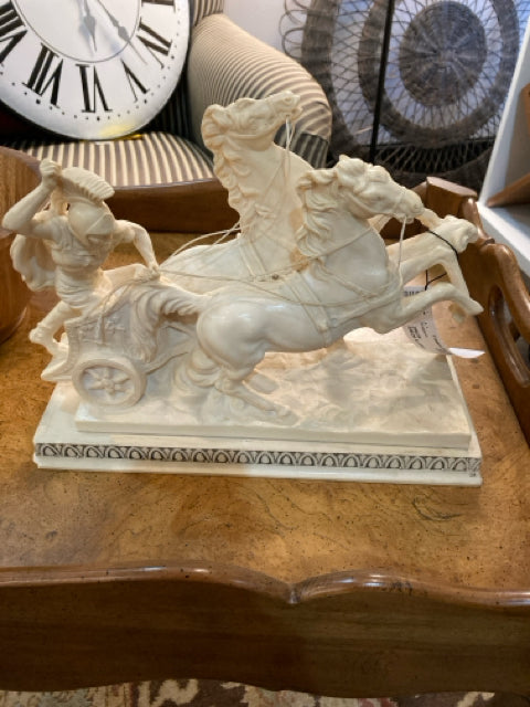 Vintage Cream Resin Chariot Horses Sculpture