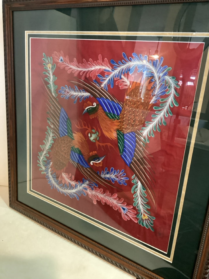 Chinese Red/Blue Fabric Phoenix Framed Art