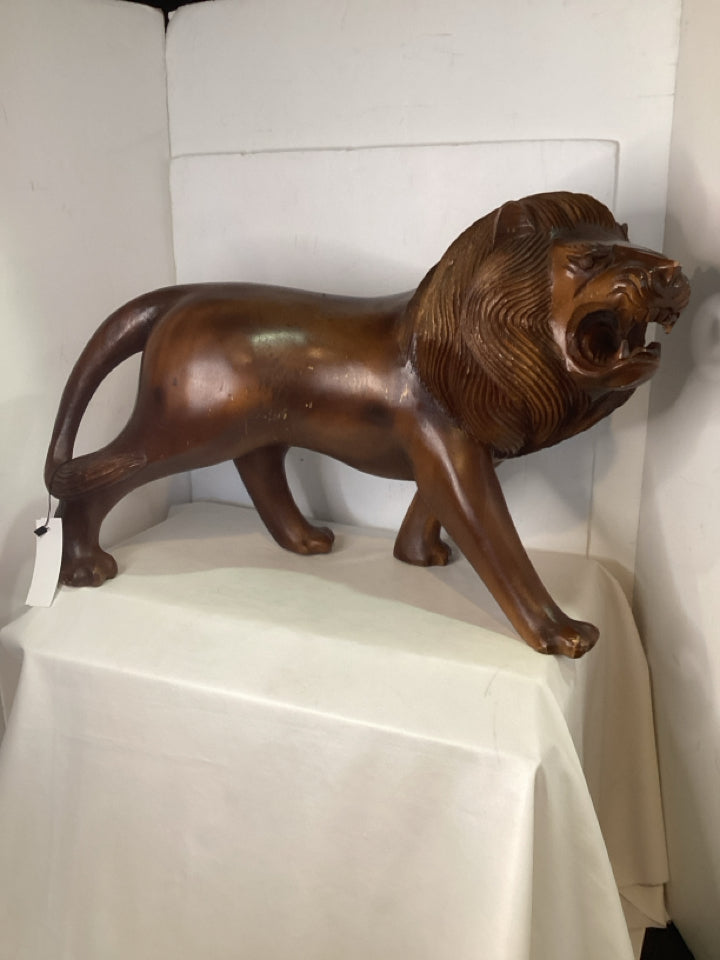 Vintage Brown Wood Lion Sculpture