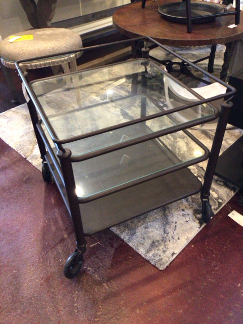 Tiered Metal/Glass On Casters Industrial Bronze Table