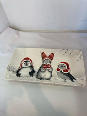 PIER 1 Tray White/Red Ceramic Christmas Animals Holiday Item