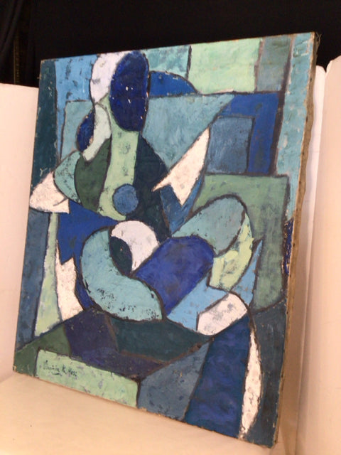 Signed Abstract Blue/White Painted Geometric Stretch Canvas Art