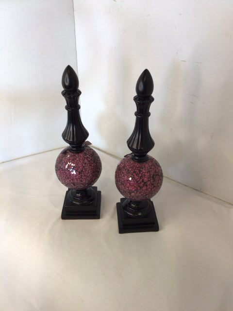Sphere Black/Pink Wood Mosaic Pair Statue