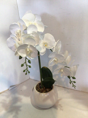 Green/White Orchids In Planter Faux Flowers