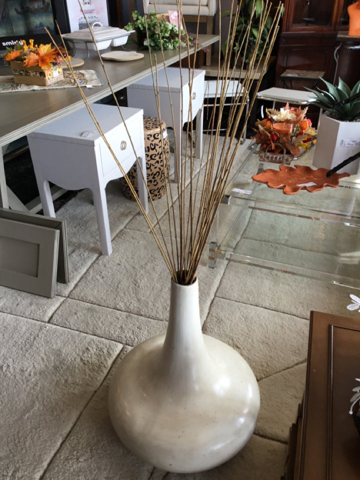 White Ceramic W/Sticks Vase
