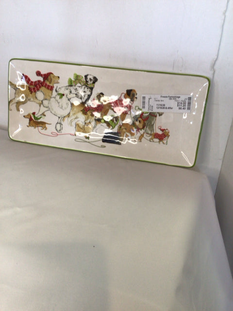 PIER 1 Platter White/Multi Ceramic Christmas Dogs Holiday Item