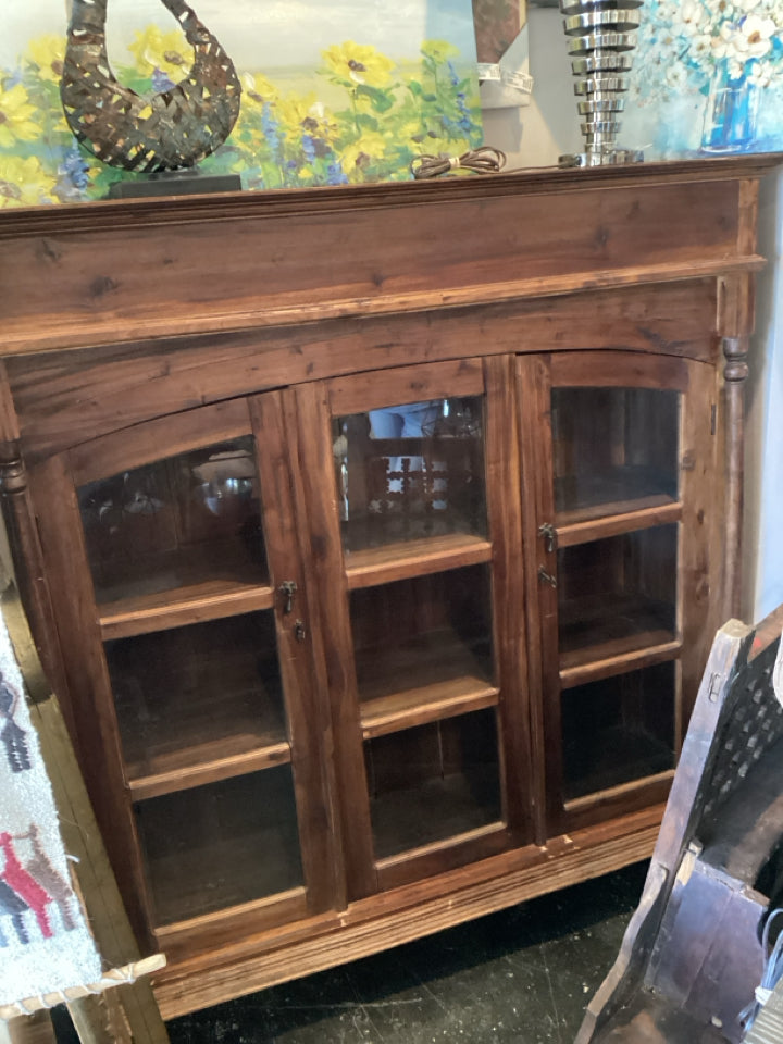 Vintage Brown Wood Glass Front Cabinet