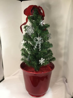 Faux Green/Red Christmas Tree In Planter Holiday Item