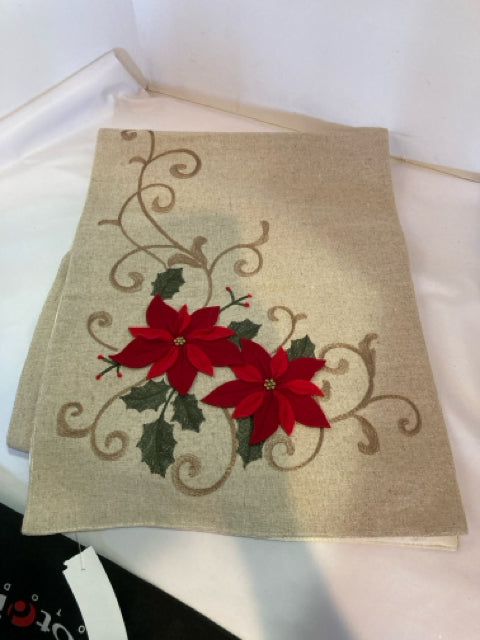 Table Runner Beige Polyester Poinsettia Holiday Item