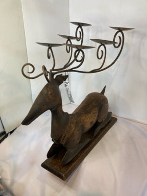 Christmas Brown Cast Iron Candle Holder Reindeer Holiday Item