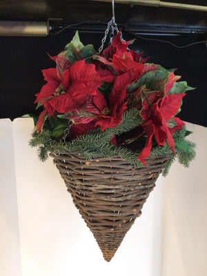 Hanging Brown/Red Wicker Planter Poinsettia Holiday Item