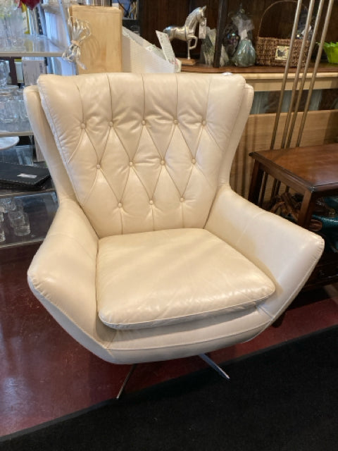Pottery Barn Tufted Leather Swivel Base Cream Chair