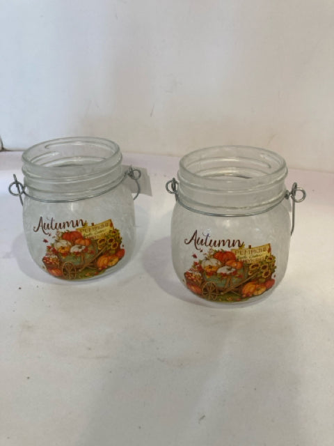 Pair Frosted Glass Votive Autumn Candle Holder