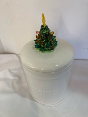 Vintage Cookie Jar White/Green Ceramic Christmas Tree Light up Holiday Item