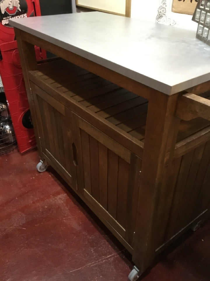 Rolling Teak Metal top Gray/Brown Kitchen Island