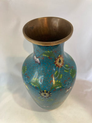 Vintage Chinese Blue/Multi Brass Cloisonne Vase