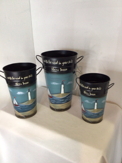 Set of 3 Black/Blue Metal Lighthouse Ocean Scape Bucket