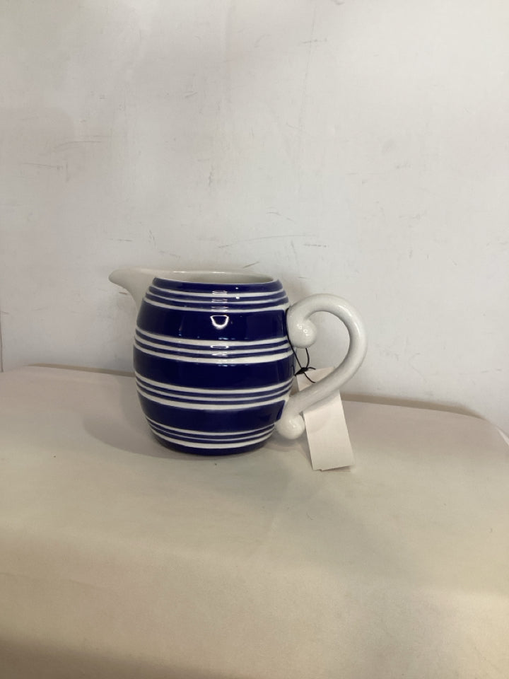 Blue & White Ceramic Striped Pitcher