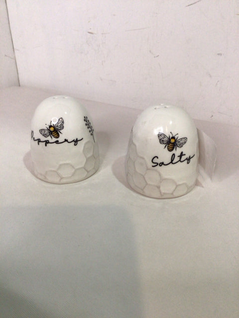 Pair White Ceramic Bees Salt & Pepper