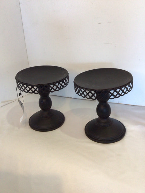 Pair Black Metal Pedestal Candle Holder