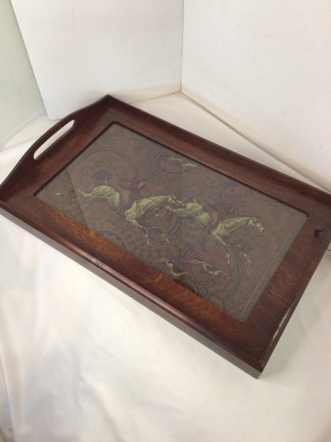 Vintage Serving Brown Wood/Glass Fox Run Tray