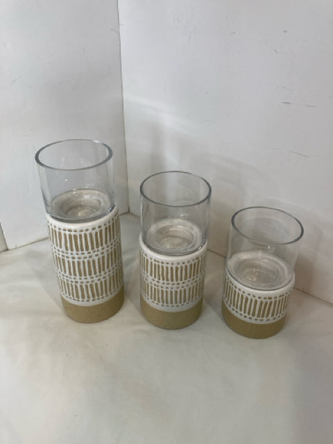 Set of 3 Beige Pottery Candle Holders