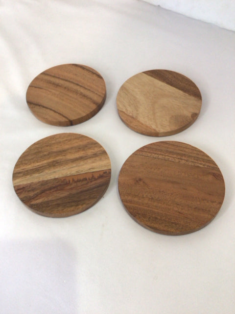 Set of 4 Brown Wood Round Coaster Set