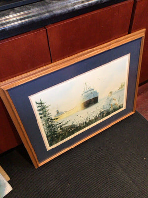 Signed Print Blue/Green Ship Framed Art