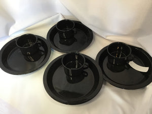 Vintage Set of 4 Black Enamel Ware Plate & Cup Dish Set