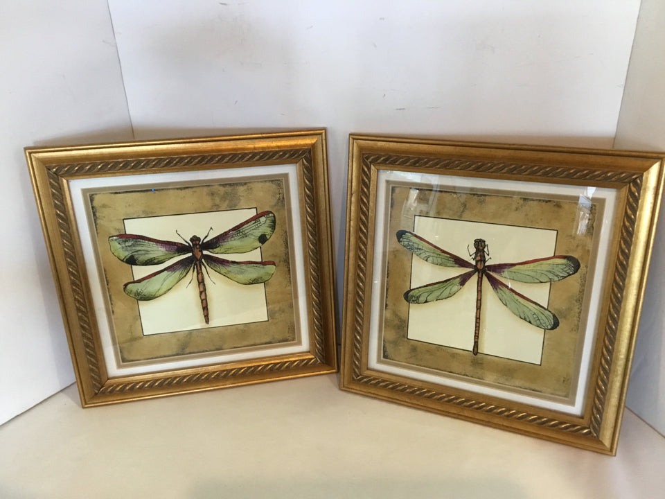 Pair Gold/Green Dragonfly Framed Art