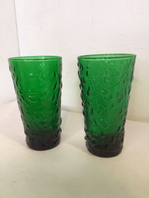 Anchor Hocking Pair Green Glass Crinkle Glasses
