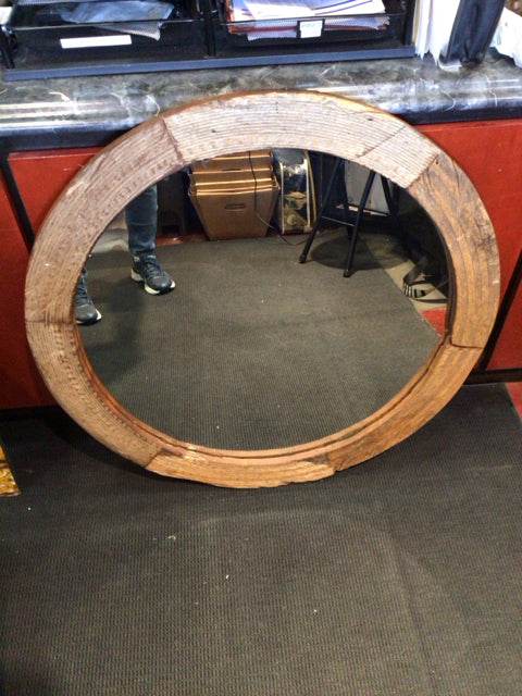 CB2 As Is Brown Wood Round Mirror