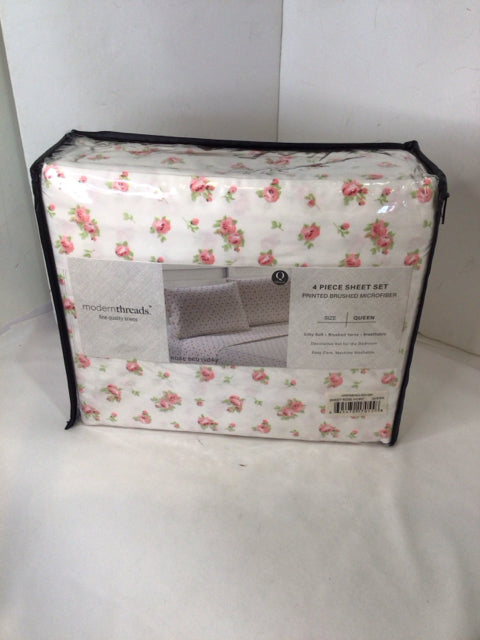 Modern Threads Queen White/Pink Floral Sheets
