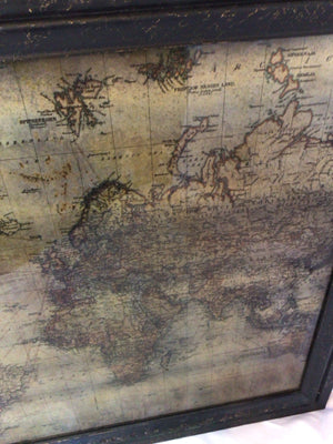 Vintage Brown/Gold Wood Framed World Map Framed Art