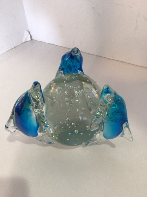 Hand Blown Clear/Blue Glass Dolphin Paperweight