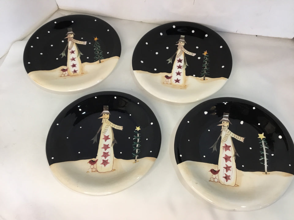 Certified Int. Plate set White/Black Ceramic Snowman Set of 4 Holiday Item