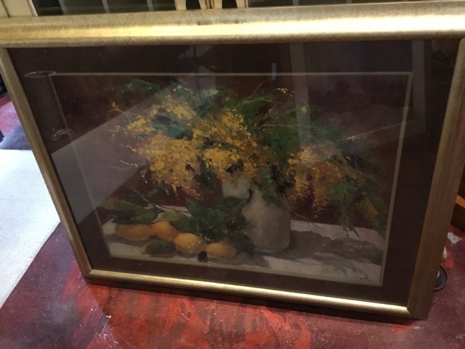 Signed Yellow/Brown Flowers Lemons Framed Art