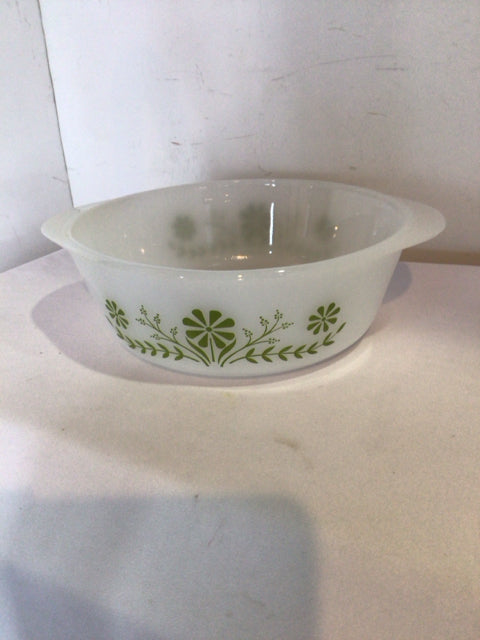 Glassbake Vintage Casserole White/Green Glass Floral Dish