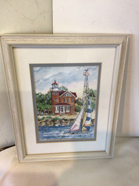 Signed Blue/White House Boat Framed Art