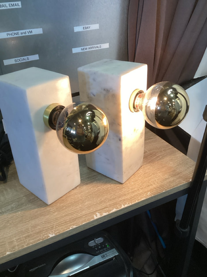 Pair White/Gold Marble Lamp Set