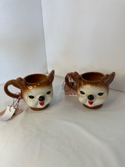 Mug Brown Ceramic Reindeer Pair Holiday Item