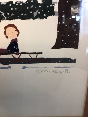 Signed Christmas Gray/White Snow Scene Framed Art
