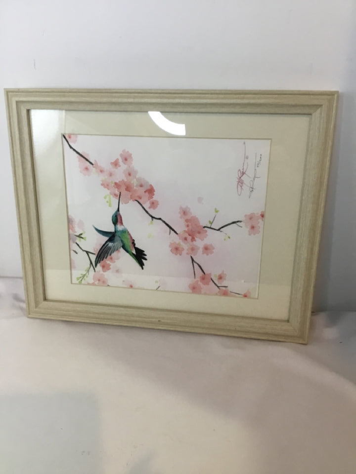 Oriental Pink/Blue Birds Signed Framed Art