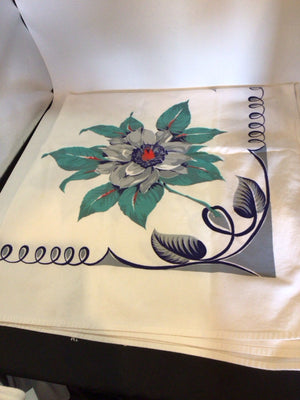 Vintage White/Blue Linen Tropical Tablecloth