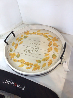 Fall White/Yellow Wood Tray Leaves Holiday Item