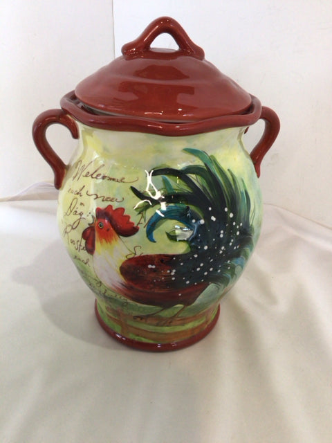 Certified Int. Lidded Green/Red Ceramic Rooster Jar