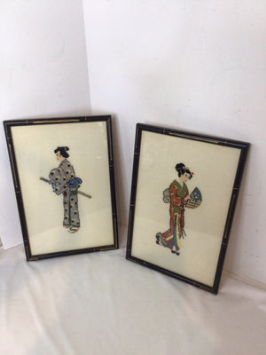 Vintage Japanese Multi-Color Needlepoint Woman Pair Framed Art